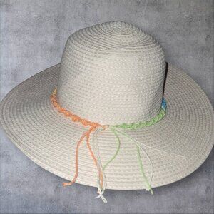 Panama jack sun hat with braided rainbow tie around made with 100% paper adult